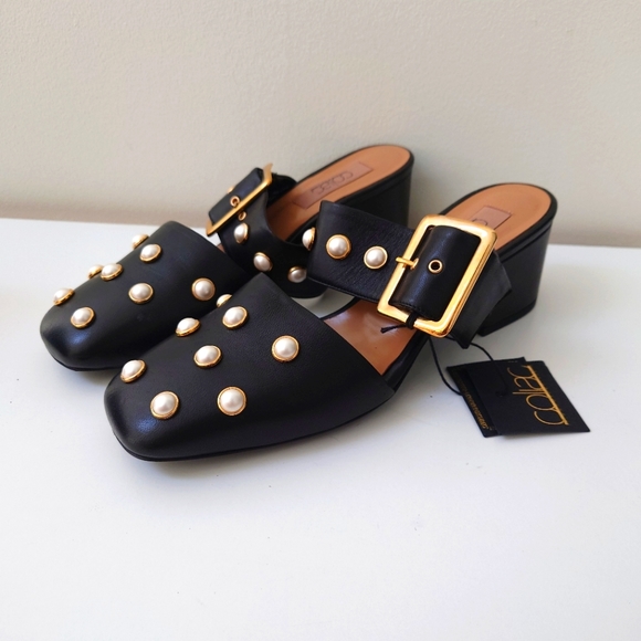 COLIAC DÉCOLLETÉ Pearl Block Heels Slide Size 6.5 (Eur 37) - Picture 3 of 6